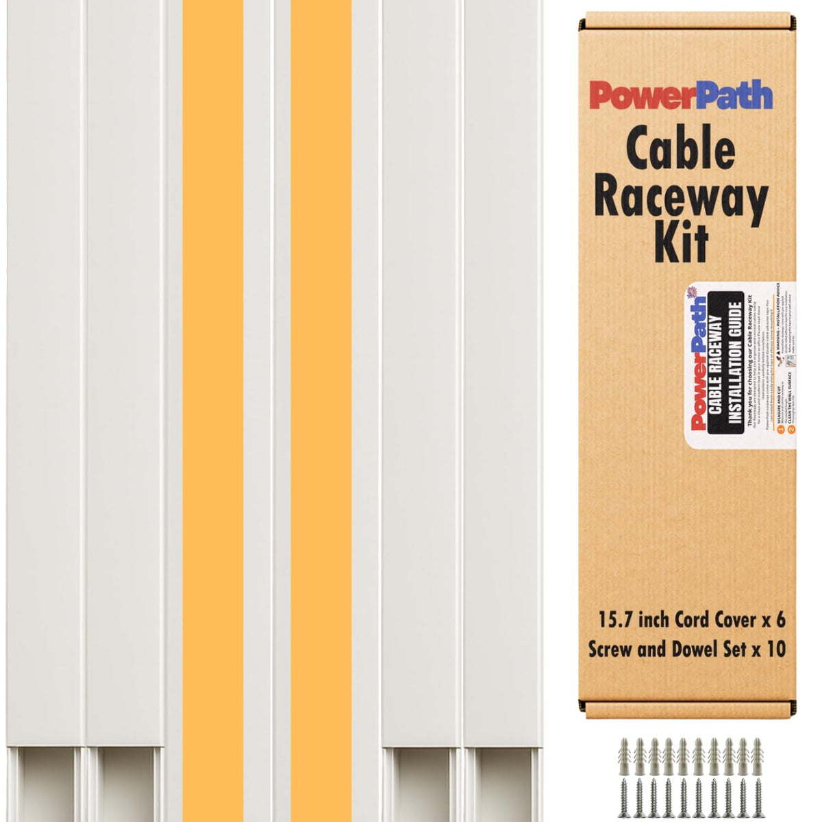 Cable Management Kit | 6 Pack x 15.7” (40cm) PVC Cable Raceway with Screws and Anchors | Paintable Wall Cord Cover for TV, Computer, and Home Office | Home Office Essentials