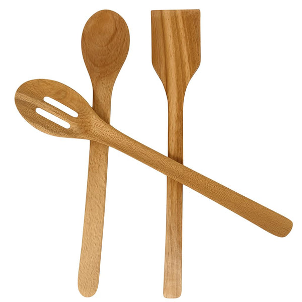 3-Piece Wooden Cooking Spoon Set – Natural Teak Wood Utensils for Nonstick Cookware, Includes Solid Spoon, Slotted Spoon, and Spatula – Durable, Heat-Resistant Kitchen Tools