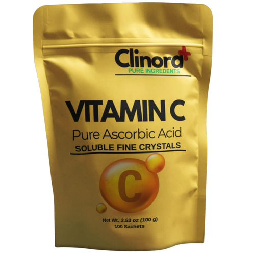 Clinora 100% Pure L-Ascorbic Acid Powder Packets - 100 Count (1000mg Each) - Non-GMO Vitamin C Crystals for Immune Support, DIY Skin Serum, & Baking - Soluble, Vegan, Gluten-Free Travel Sachets