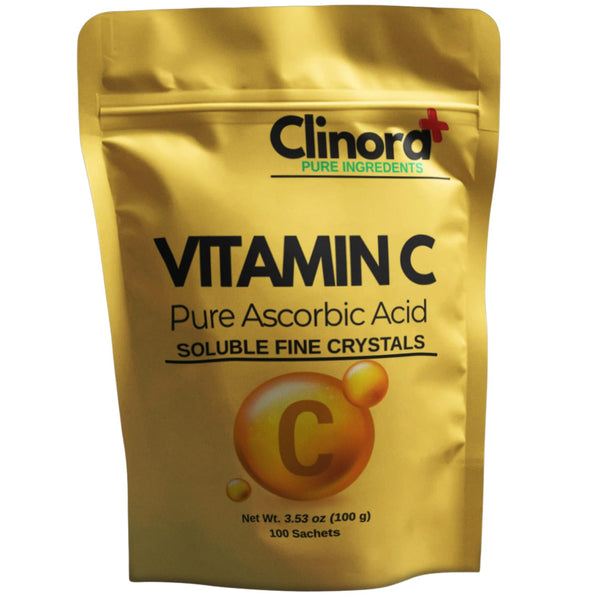 Clinora 100% Pure L-Ascorbic Acid Powder Packets - 100 Count (1000mg Each) - Non-GMO Vitamin C Crystals for Immune Support, DIY Skin Serum, & Baking - Soluble, Vegan, Gluten-Free Travel Sachets
