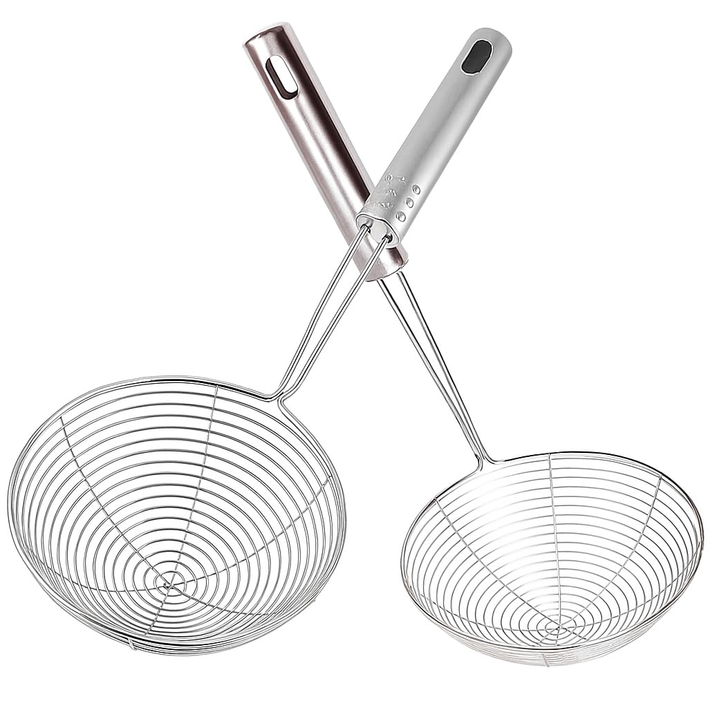 Stainless Steel Skimmer Strainer Set – 5.5" & 6.3" (14cm & 16cm) Wire Mesh Spider Ladle with Long Handle, Oil Filter Scoop for Frying, Cooking, and Noodles – Silver