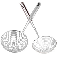 Stainless Steel Skimmer Strainer Set – 5.5" & 6.3" (14cm & 16cm) Wire Mesh Spider Ladle with Long Handle, Oil Filter Scoop for Frying, Cooking, and Noodles – Silver