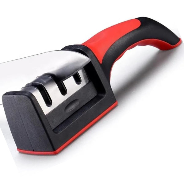 3-Stage Knife Sharpener for Kitchen – Professional Manual Sharpener with Coarse, Medium & Fine Slots, Non-Slip Base & Ergonomic Handle – Safe Sharpening Tool for Stainless Steel Knives & Scissors